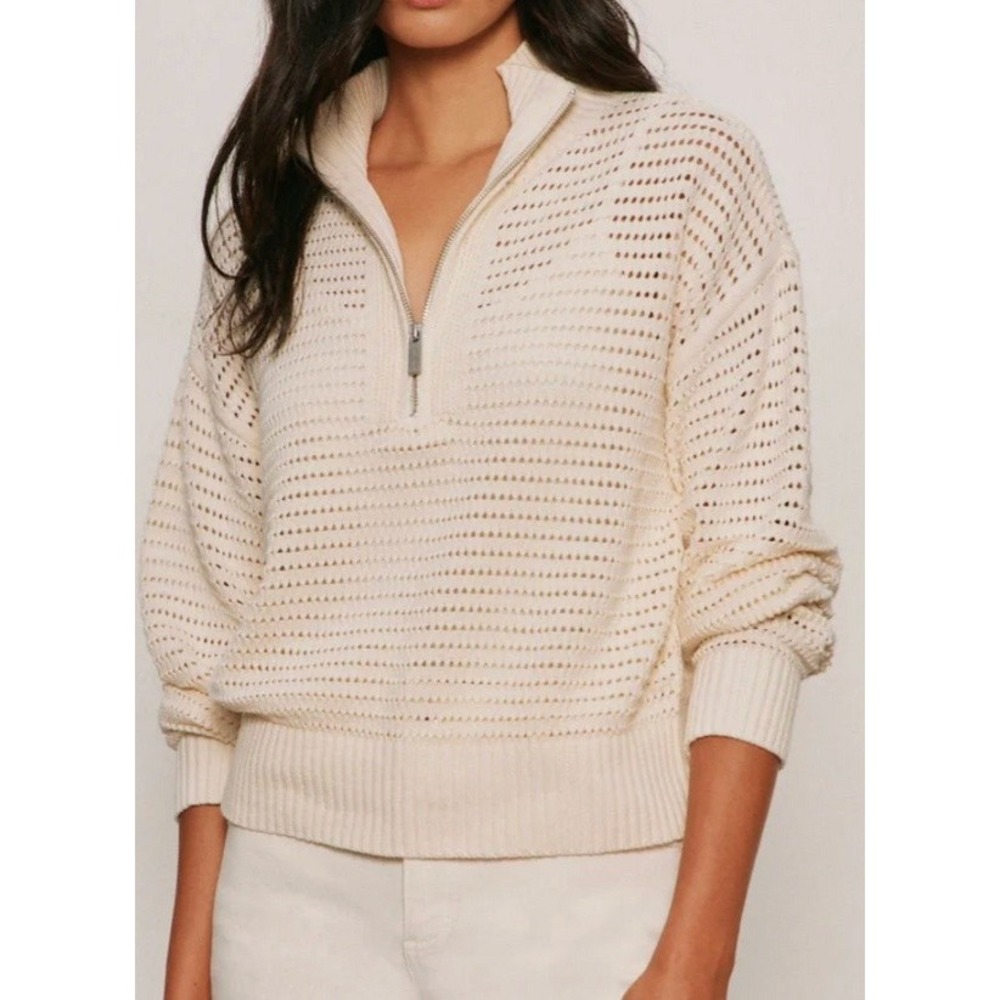 NWT Varley Light Birch Open Knit Mesh Half Zip Sweater Cream Gold Zipper XS
